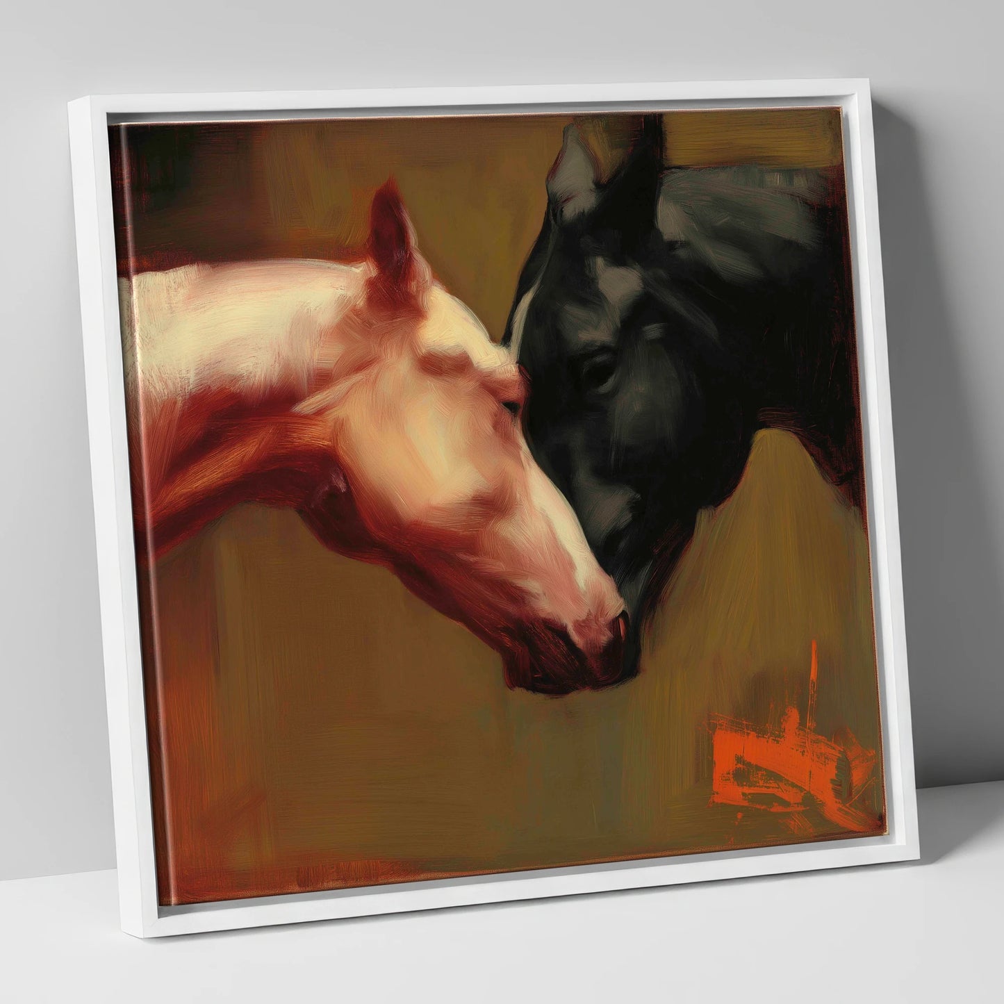 Silent Communion horse portrait canvas wall art in white frame