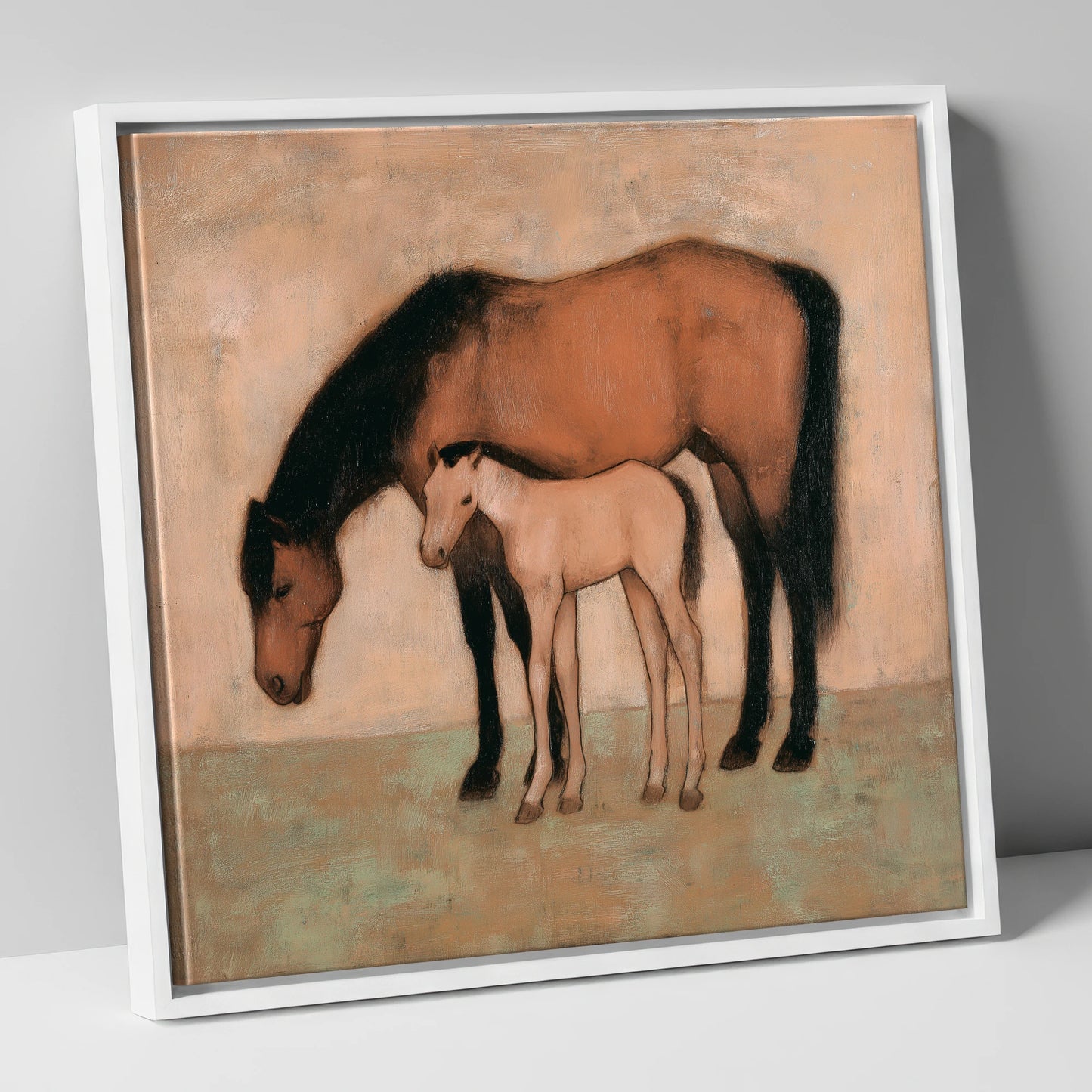 Quiet Pasture Bond mare & foal canvas wall art in white frame