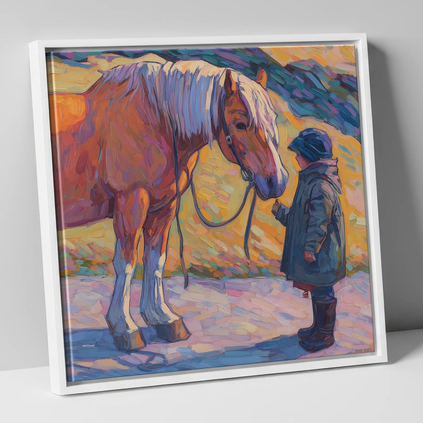 A Gentle Exchange horse & rider canvas wall art in white frame