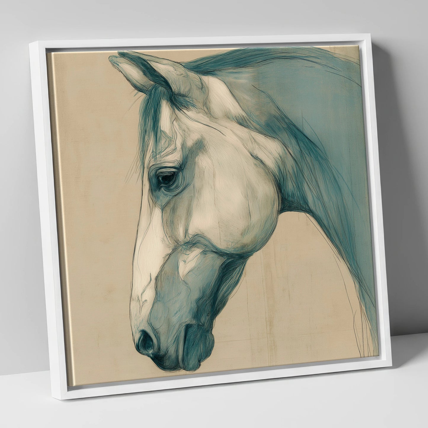 Teal Wash Portrait horse portrait canvas wall art in white frame