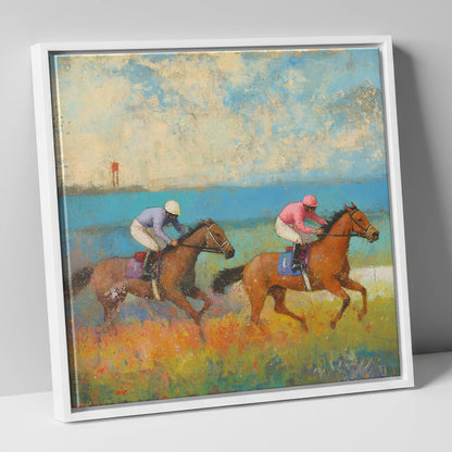 Turf and Tide racing horse canvas wall art in white frame