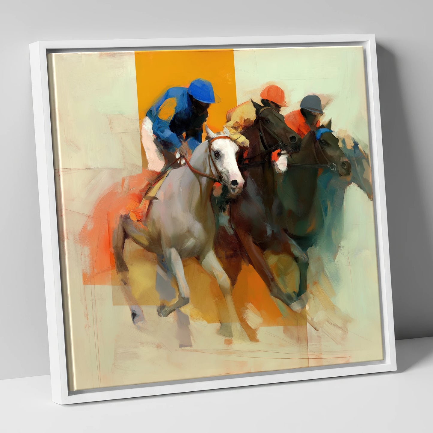 Surge to the Line racing horse canvas wall art in white frame