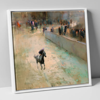 Echoes of the Track racing horse canvas wall art in white frame