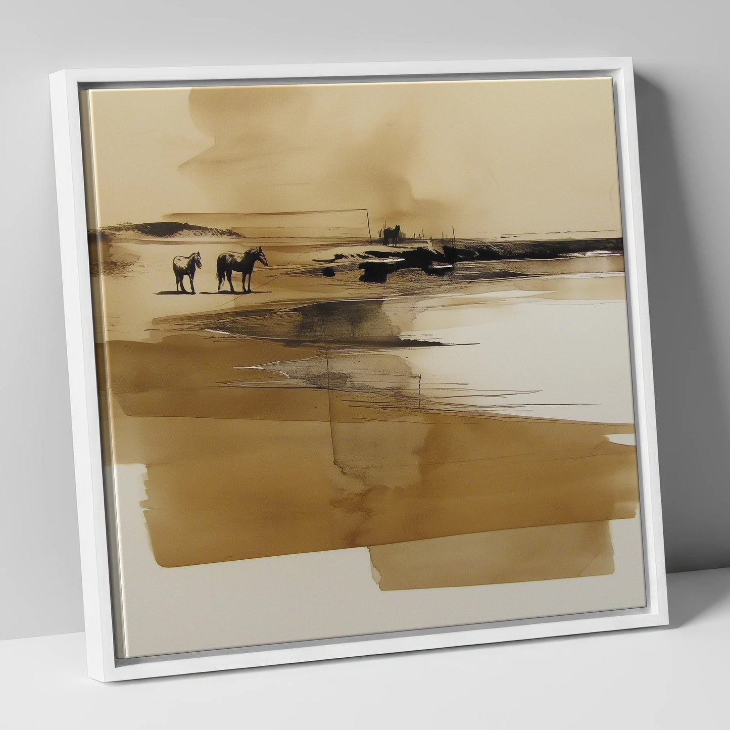 Sepia Shoreline Drift horse landscape canvas wall art in white frame