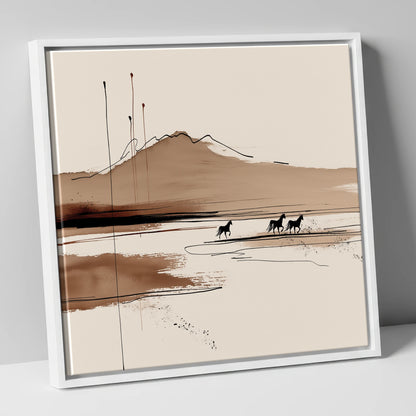 Sepia Equine Horizon horse landscape canvas wall art in white frame