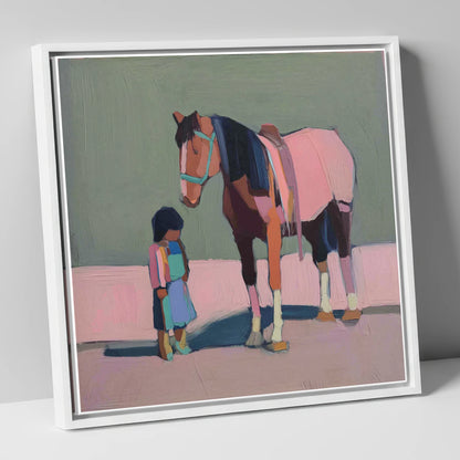 Quiet Connection horse & rider canvas wall art in white frame