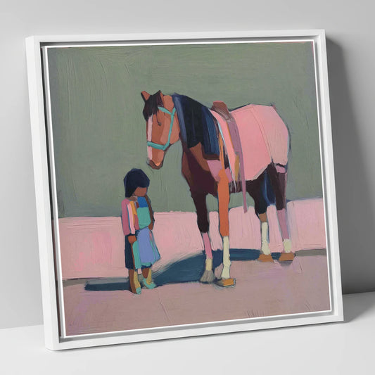 Quiet Connection horse & rider canvas wall art in white frame