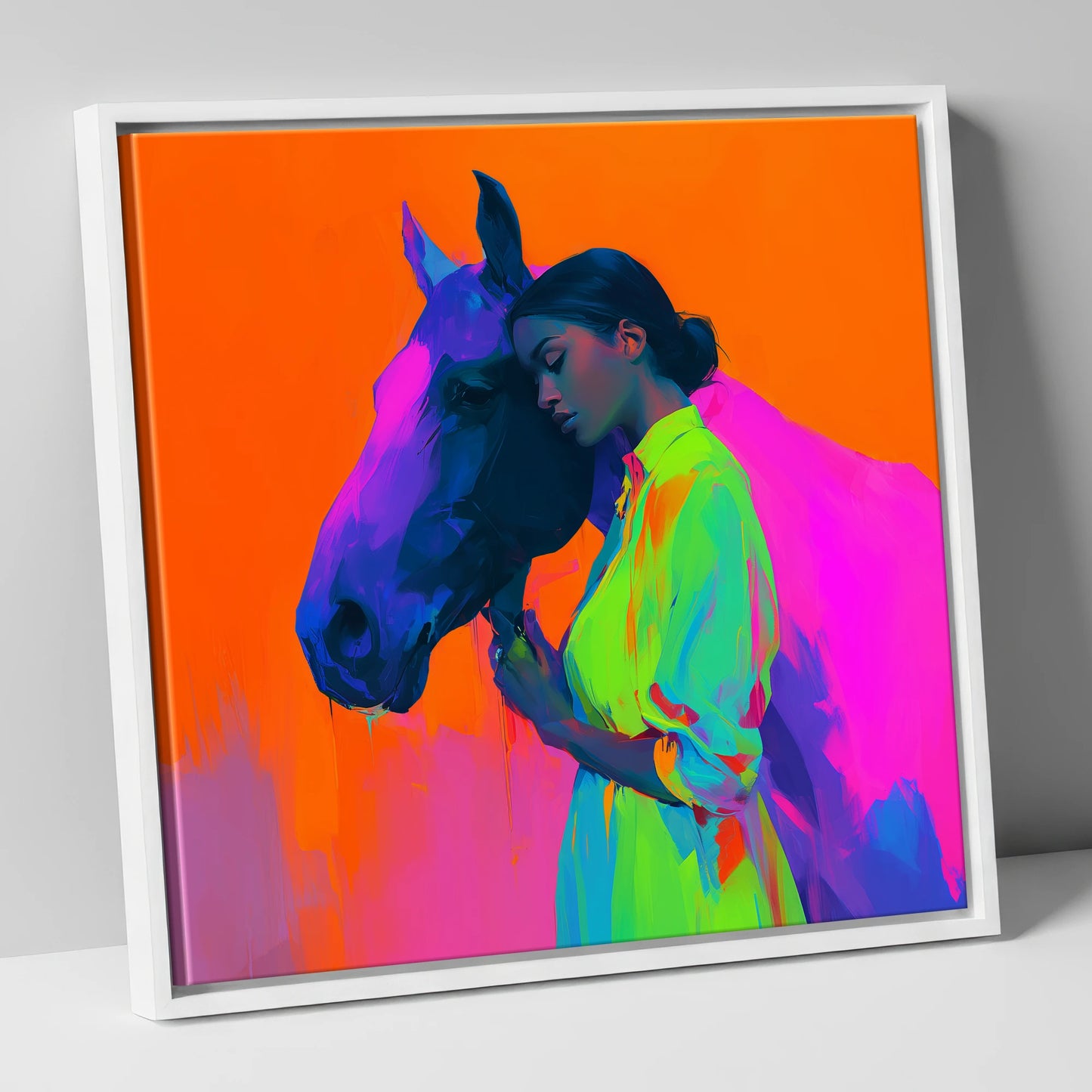 Technicolour Bond horse & rider canvas wall art in white frame