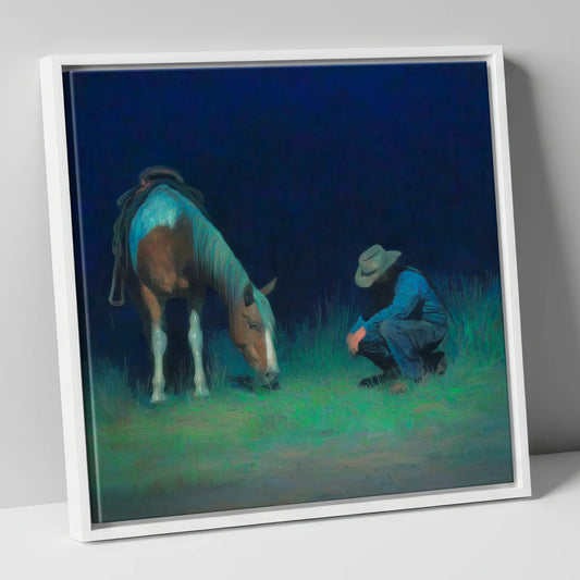 Under An Indigo Sky horse & rider canvas wall art in white frame