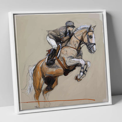 Moment of Flight show jumping horse canvas wall art in white frame