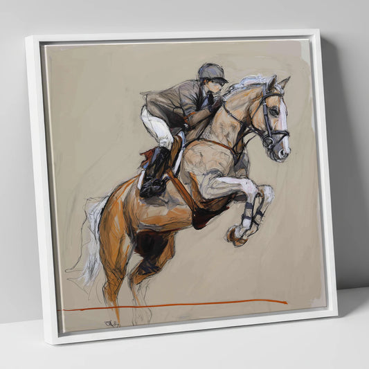 Moment of Flight show jumping horse canvas wall art in white frame