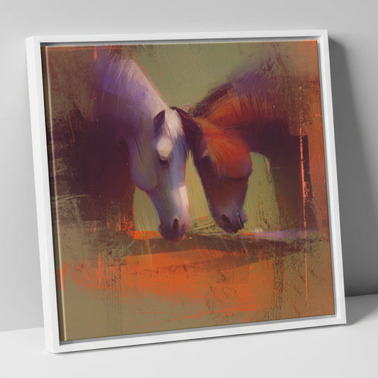 Sunlit Grazing Companions horse portrait canvas wall art in white frame
