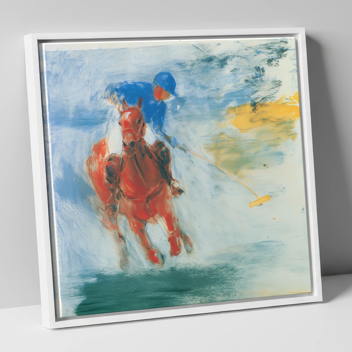 Midfield Strike polo horse canvas wall art in white frame