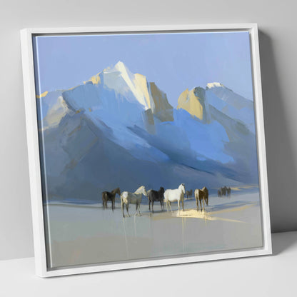 Glacial Heights horse landscape canvas wall art in white frame