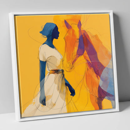 Golden Synchronicity horse & rider canvas wall art in white frame