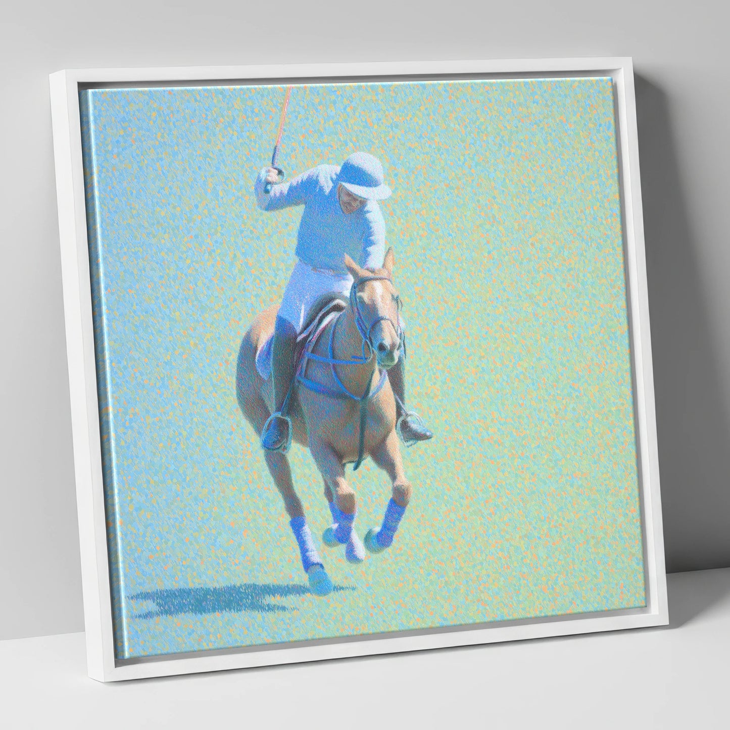 The Shimmering Chukka polo horse canvas wall art in white frame