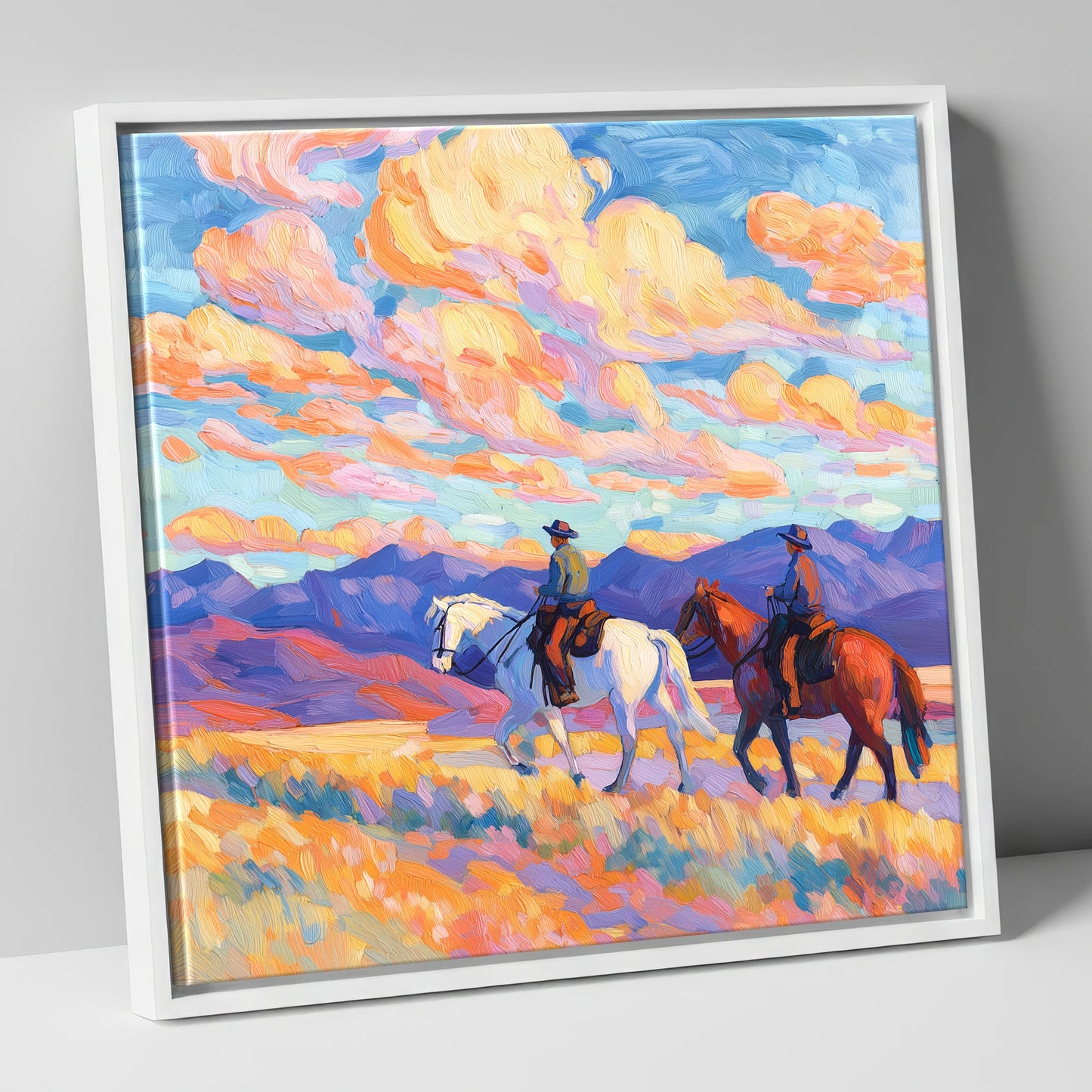 Painted Horizon Riders horse landscape canvas wall art in white frame