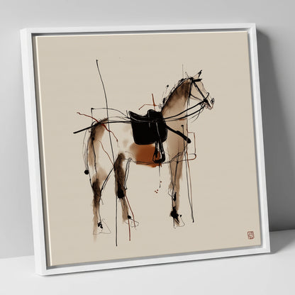 Saddled Equine Silhouette horse portrait canvas wall art in white frame
