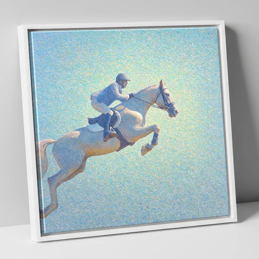 Luminous Ascent show jumping horse canvas wall art in white frame