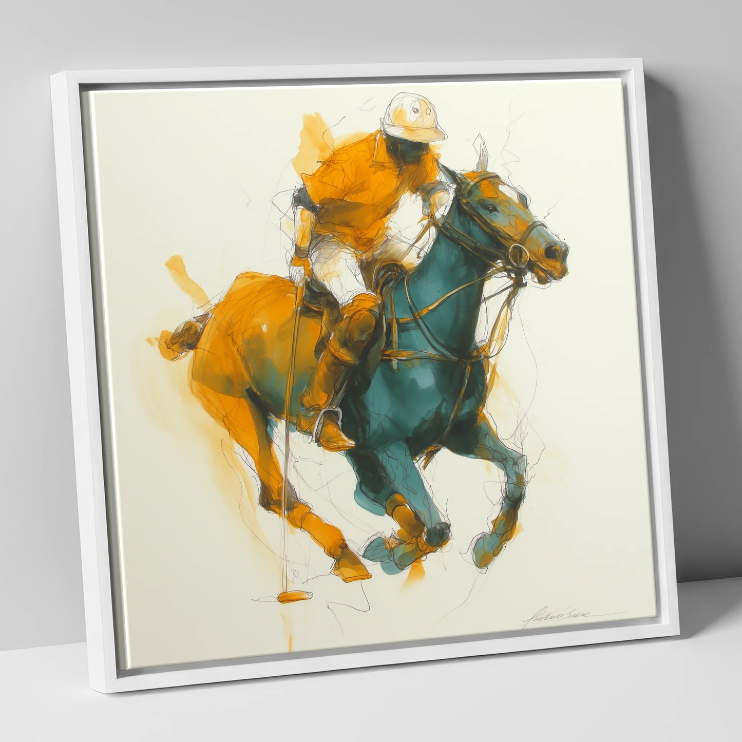 The Decisive Strike polo horse canvas wall art in white frame