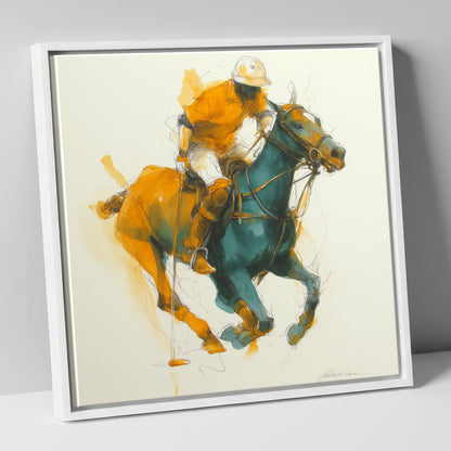 The Decisive Strike polo horse canvas wall art in white frame