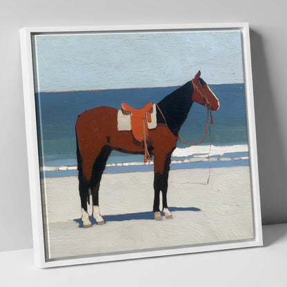 Waiting by the Tide horse landscape canvas wall art in white frame