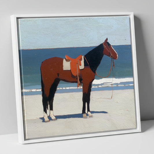 Waiting by the Tide horse landscape canvas wall art in white frame