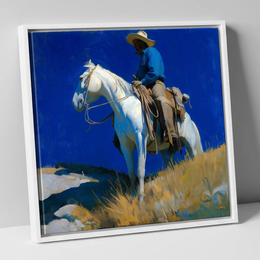 Cobalt Sky Rider western horse canvas wall art in white frame