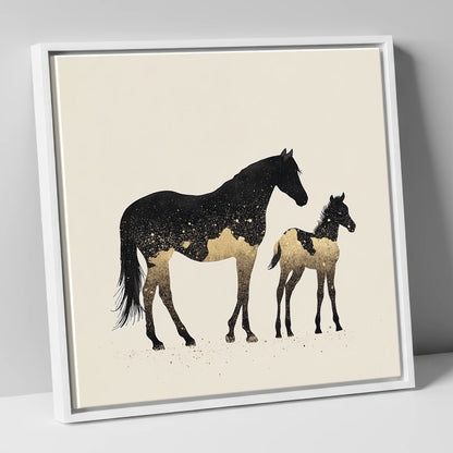 Gilded Midnight Bond mare & foal canvas wall art in white frame