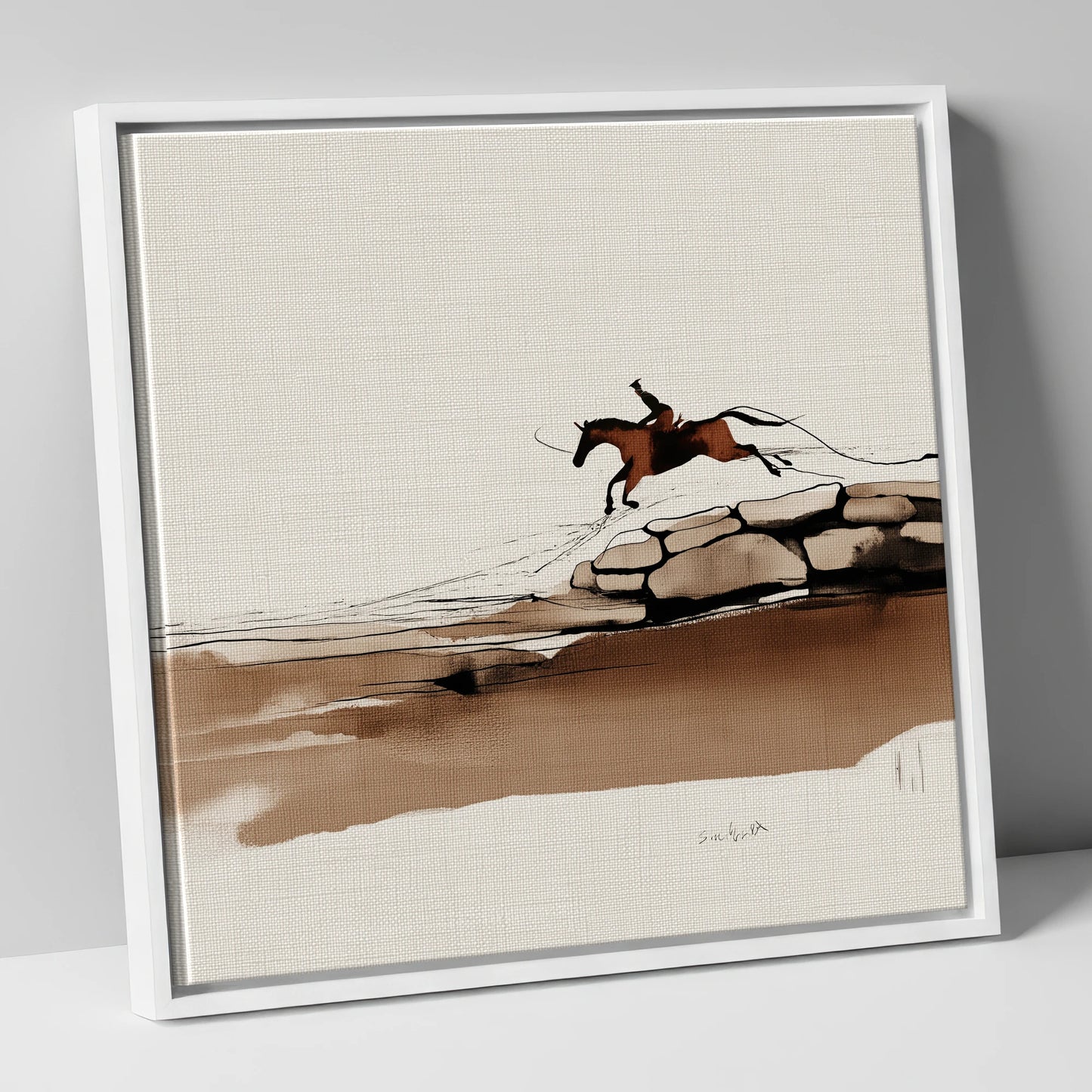 Flight Over Stone show jumping horse canvas wall art in white frame