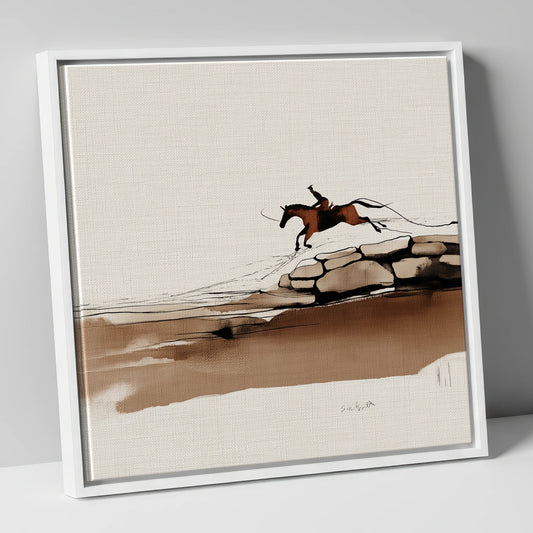 Flight Over Stone show jumping horse canvas wall art in white frame