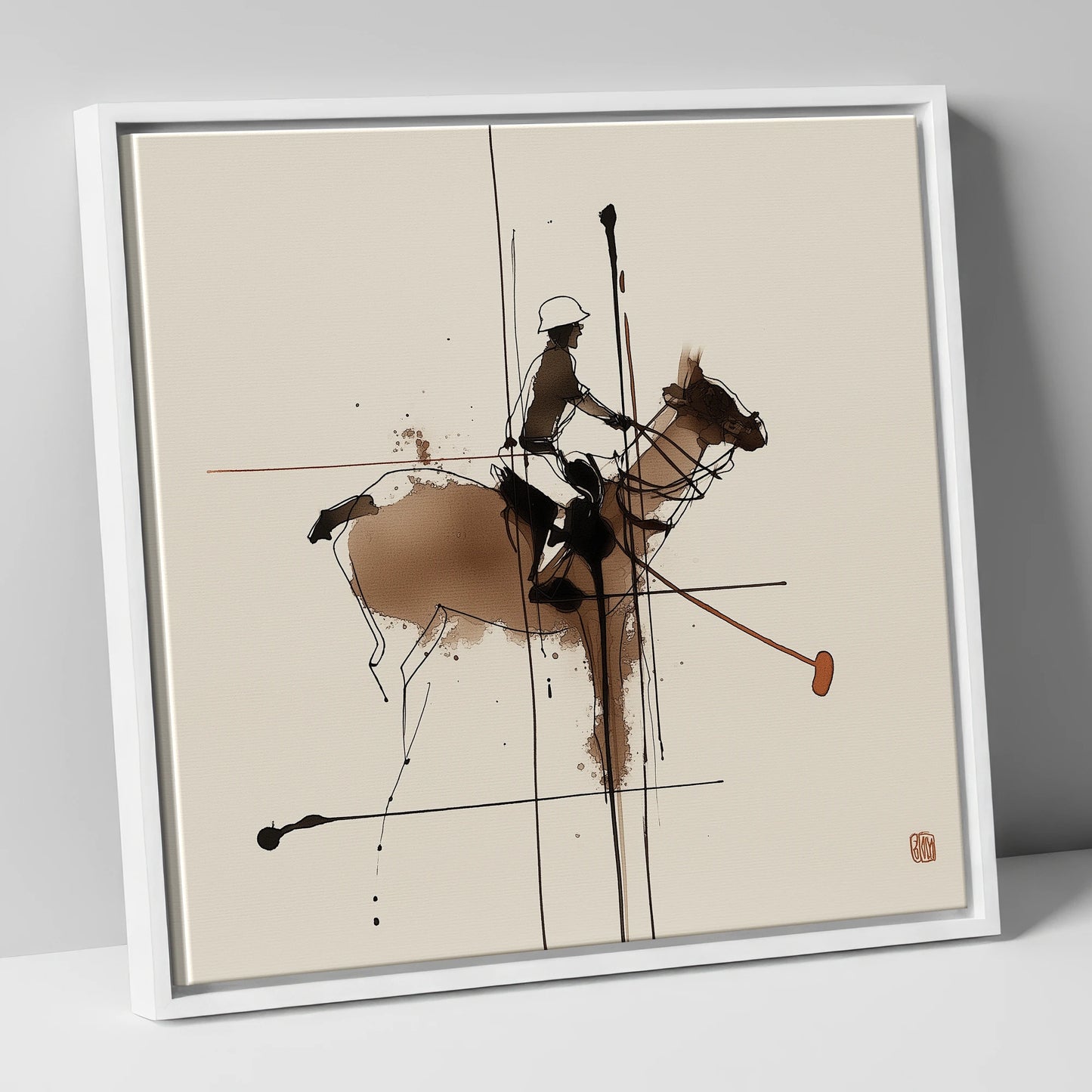 Abstract Polo Strike polo horse canvas wall art in white frame