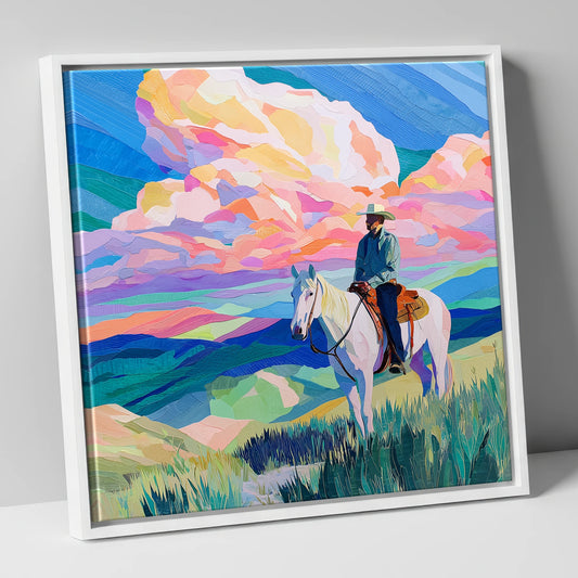 Painted Prairie Rider western horse canvas wall art in white frame