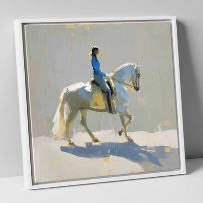 Collected in Blue dressage horse canvas wall art in white frame