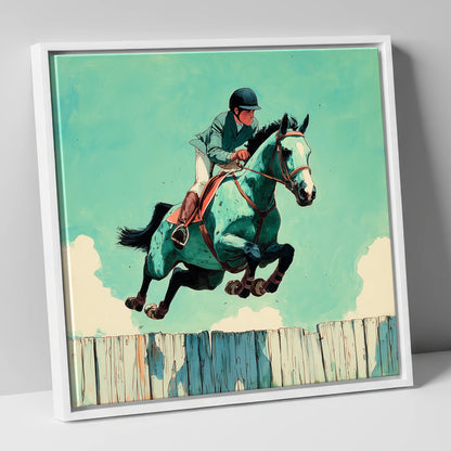 Teal Airborne Leap show jumping horse canvas wall art in white frame