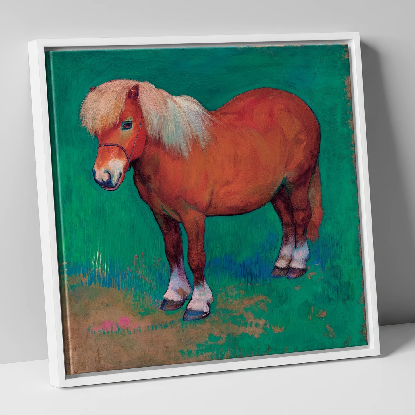 Emerald Chestnut Pony horse breed canvas wall art in white frame