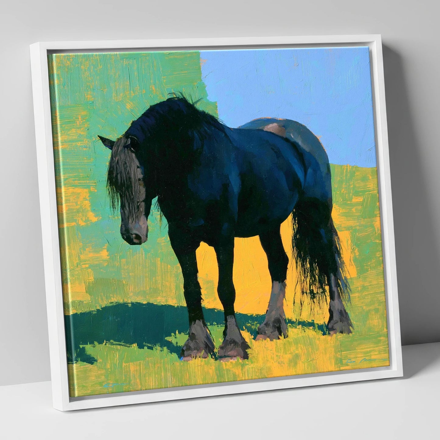 Black Horse Against Vibrant Yellow horse breed canvas wall art in white frame