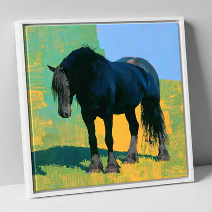 Black Horse Against Vibrant Yellow horse breed canvas wall art in white frame