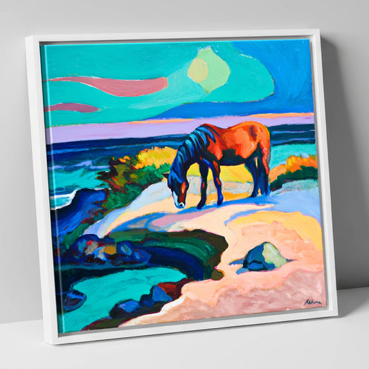 Vibrant Coastal Graze horse landscape canvas wall art in white frame