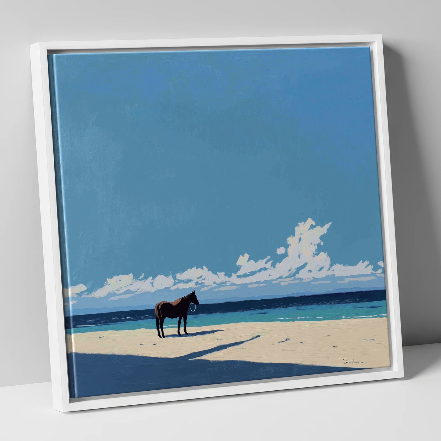 Coastal Contemplation horse landscape canvas wall art in white frame