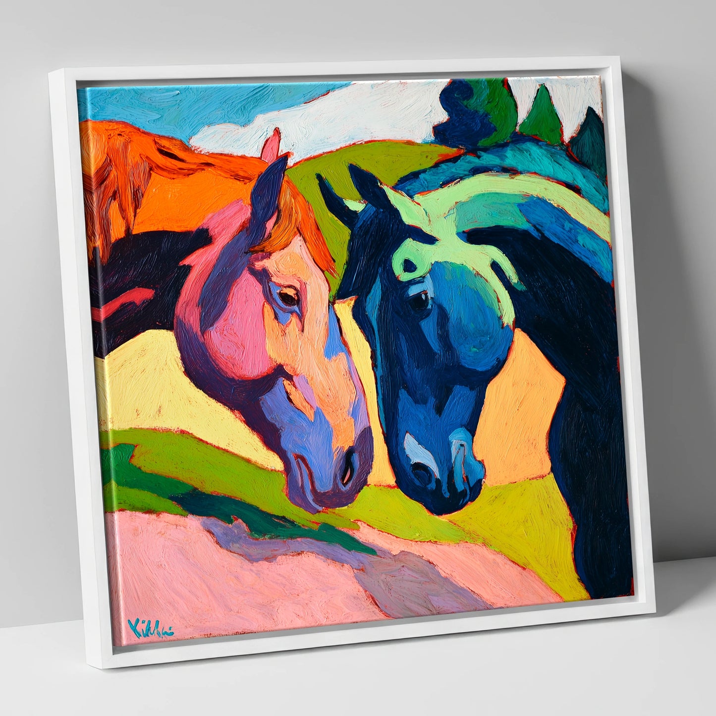 Vibrant Equine Connection horse portrait canvas wall art in white frame
