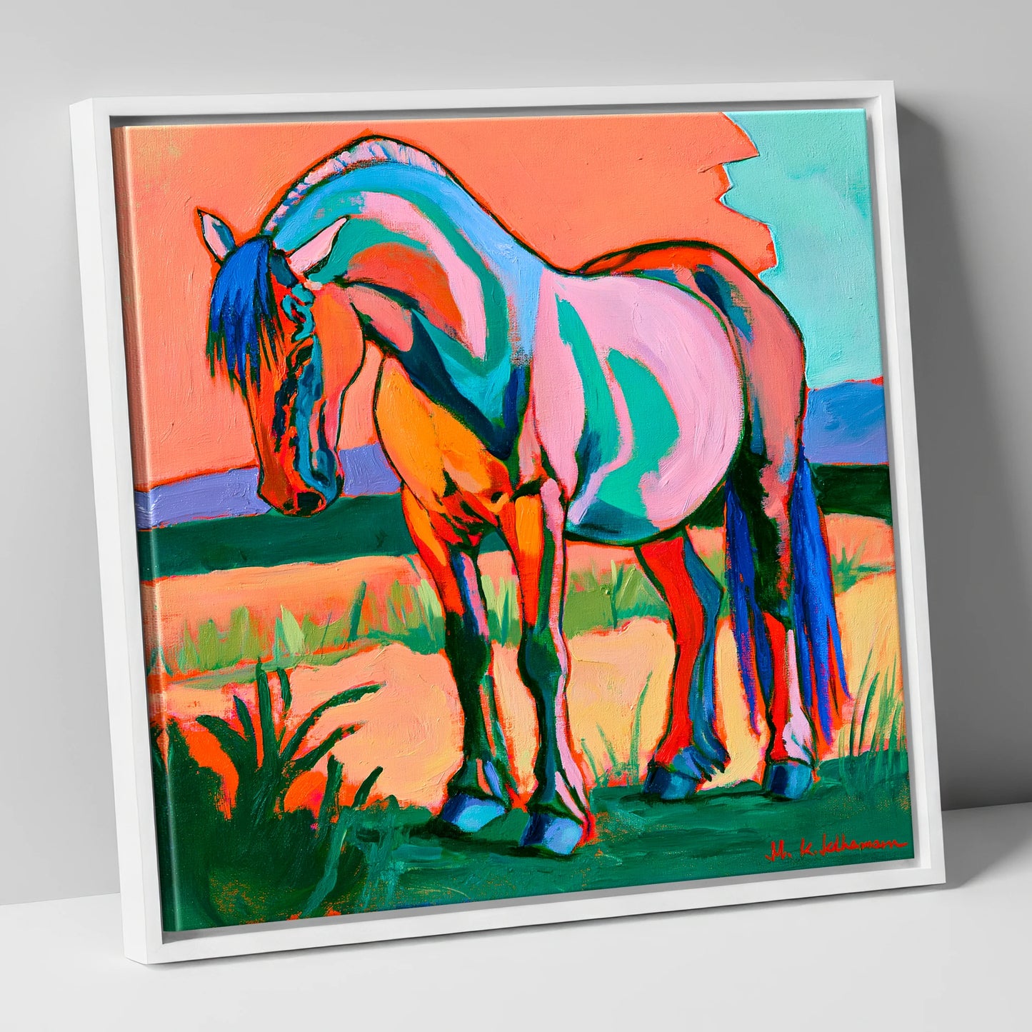 Colourful Contemporary Standing Horse horse breed canvas wall art in white frame