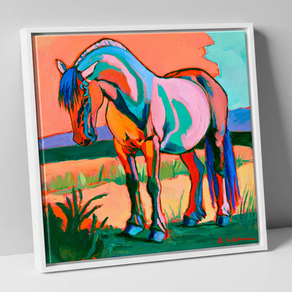 Colourful Contemporary Standing Horse horse breed canvas wall art in white frame