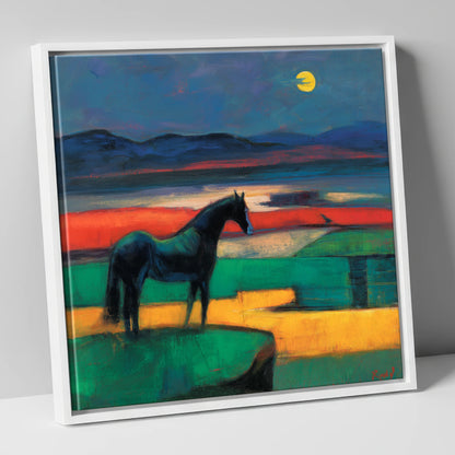 Midnight Solitude horse landscape canvas wall art in white frame