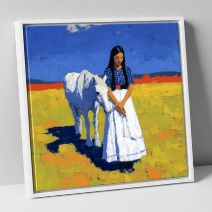 Sunlit Companion horse & rider canvas wall art in white frame