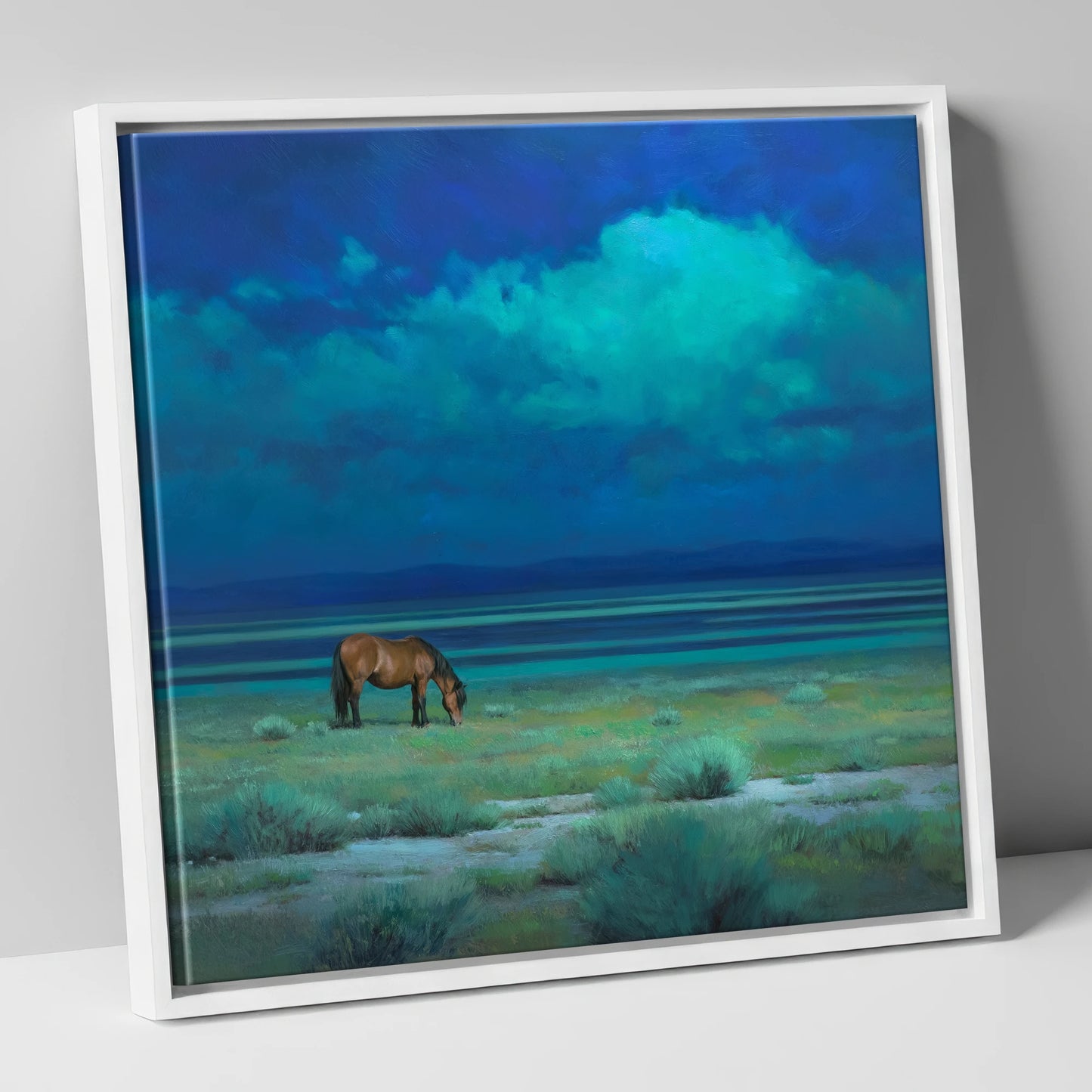 Midnight Solitude horse landscape canvas wall art in white frame