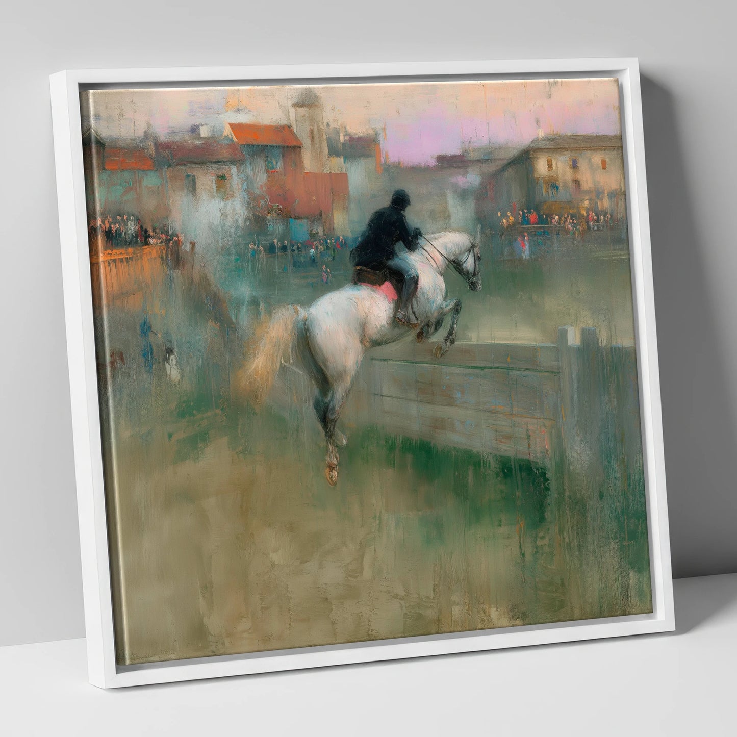 Over the Village Timber show jumping horse canvas wall art in white frame