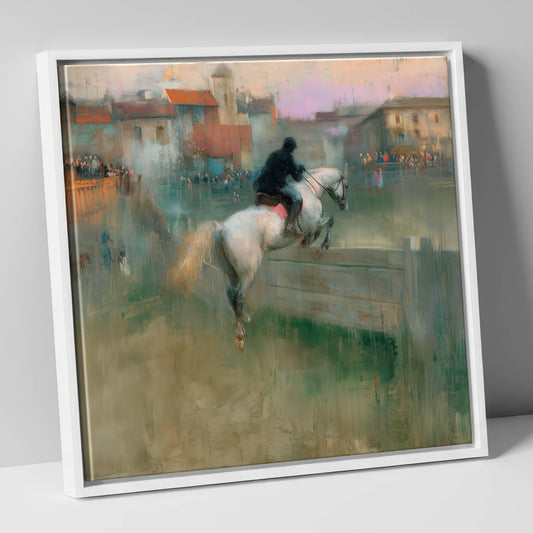 Over the Village Timber show jumping horse canvas wall art in white frame