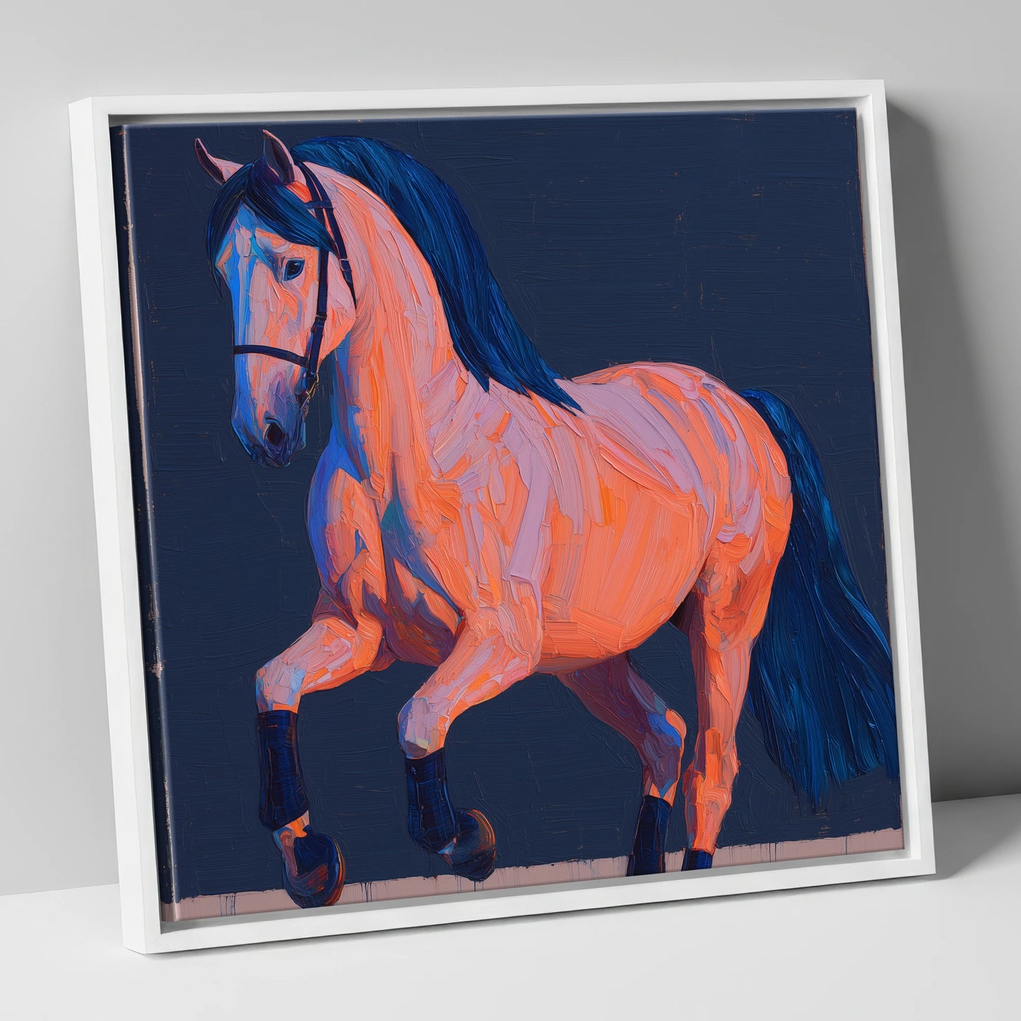 Vibrant Dressage Equine horse breed canvas wall art in white frame