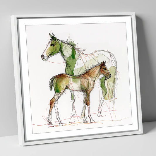 Lines of Kinship mare & foal canvas wall art in white frame